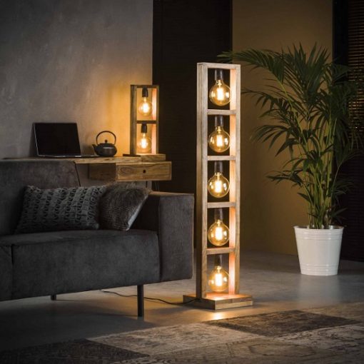 Houten vloerlamp industrieel recht op